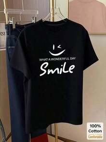 Camiseta de manga corta de longitud media, estilo oversize, con estampado de letras divertidas y cara sonriente, top casual a la moda para mujer, color blanco, para verano, 100% algodón. - Negro - Ver 3