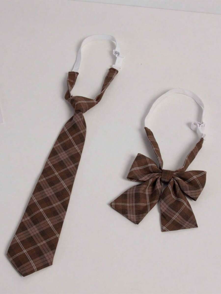 2pcs/Set Handmade Solid Color & Diagonal Stripe Combination Polyester Unisex Necktie, Suitable For Students, Uniforms, Suits And Various Occasions - Coffee Brown - View 1