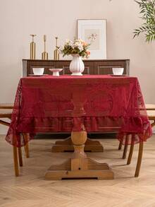 1pc French Elegant Floral Lace Trim Tablecloth, Countryside Fresh Decor - Burgundy - View 5