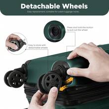 YONSLY 16 Inch Suitcase With Detachable Wheels 360° Combination Lock Double Zipper Soft Rubber Handle Trolley Travel Suitcase For Vacation - 深綠 - 查看 2