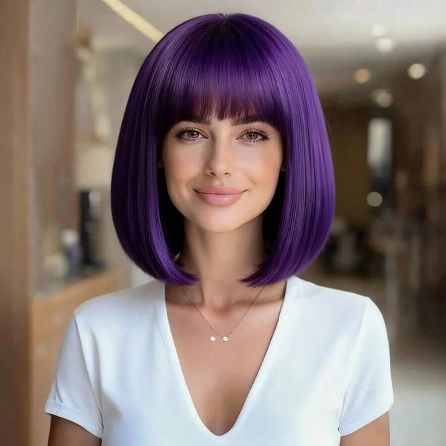 12 Inch Purple Short Straight Wig With Bangs, Natural Fluffy Straight Hair Style, Adjustable Wig Cap Suitable For All Women, Halloween Party Cosplay And Daily Wear - Purple - View 1