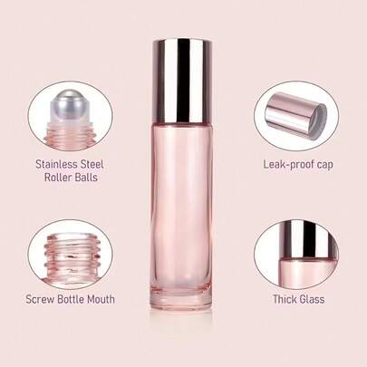 10 chai lăn thủy tinh màu hồng, thiết kế nhỏ gọn, nhẹ, phụ kiện trang điểm du lịch tối giản, chai thủy tinh màu hồng có nắp kim loại và đầu lăn, trong suốt và chống rò rỉ, thích hợp đựng tinh dầu, nước hoa và hương thơm mang theo bên mình.