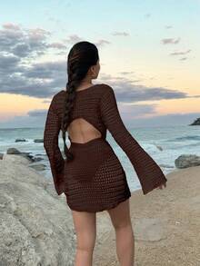 Women's Solid Color Sexy Hollow-Out Backless Sheer Beach Vacation Knit Long Sleeve Cover-Up Mini Dress, Spring/Summer, Resort Wear - Chocolate Brown - View 7