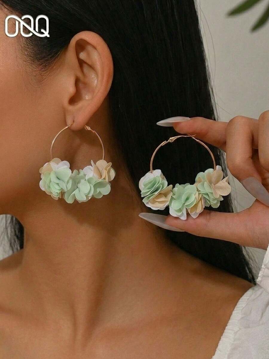 OOQ 一对优雅波西米亚风花卉流苏耳环,适合作为女士派对和节日礼物,圆形创意花卉耳环,时尚派对配饰 - 綠色 - 查看 1