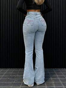 GILIPUR Jeans acampanados de talle alto estilo Y2K, pantalones de mujer de unicolor elásticos y elegantes, pantalones vaqueros con estampado de copos de nieve de uso casual - Azul 4 - Ver 6