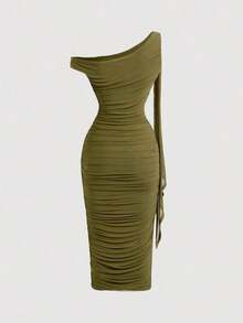 MOD Vestido casual de verano de mujer de unicolor con cuello asimétrico y drapeado, de longitud media - Verde militar - Ver 2