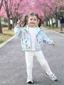 Baby Girls' Cute Hooded Floral Print Lightweight Cardigan Jacket, Suitable For Everyday Outings, Spring/Autumn - Blue - View 4