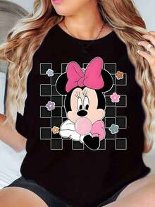Minnie Mouse With Pink Bow And Flowers Print Disney Women T Shirt Round Neck Short Sleeve Casual Daily Wear Summer Outfit Soft Comfortable 220g - màu đen - Xem 1