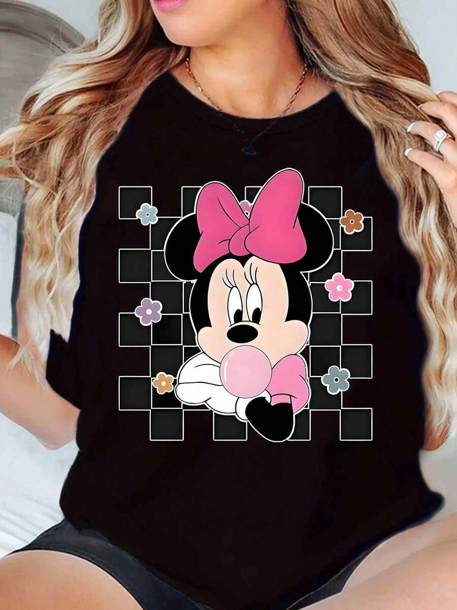 Minnie Mouse With Pink Bow And Flowers Print Disney Women T Shirt Round Neck Short Sleeve Casual Daily Wear Summer Outfit Soft Comfortable 220g - màu đen - Xem 1