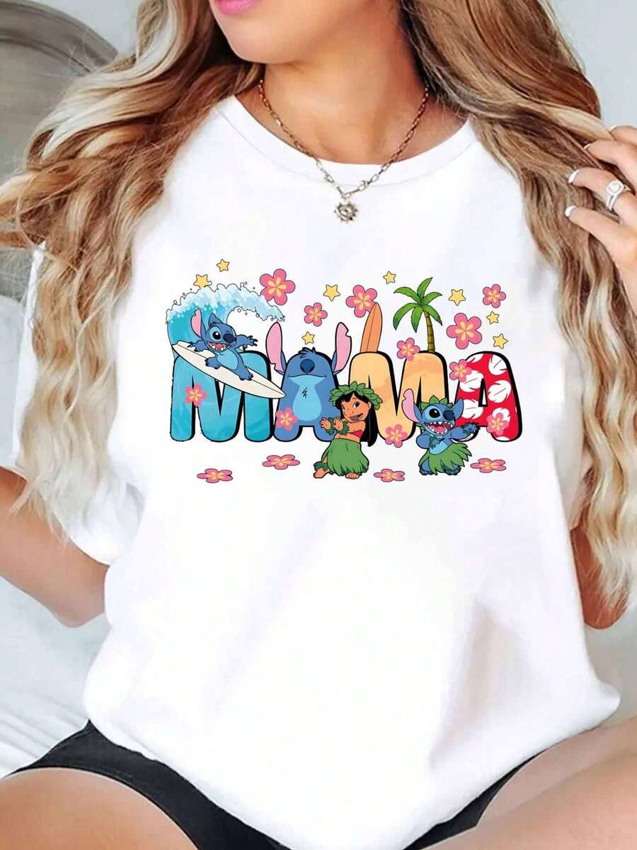 Stitch And Lilo Summer Vibes Floral Palm Tree Surfing Design Disney Women T Shirt Round Neck Short Sleeve Casual Beach Wear For Summer Holiday Soft Comfortable 220g - trắng - Xem 1