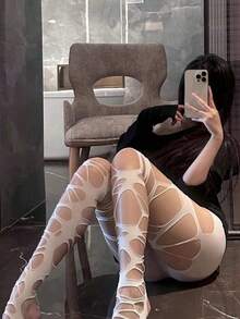 1pc Women's Sexy Punk Distressed Fishnet Tights, Nude-Feel Lolita Gothic Spider Web Black Mesh Soft Elastic High-Waist Pantyhose, Y2K Style - Multicolor - View 6