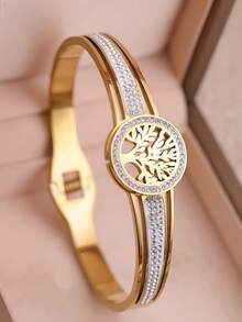 1pc Vintage Tree Pattern Gold-Tone Stainless Steel Bracelet With Rhinestones For Women - Yellow Gold - View 9