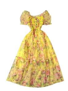 Vestido retro floral de gasa para mujer, con cintura ajustada, manga abullonada, falda de malla, estilo suave y cado para... - Amarillo - Ver 3