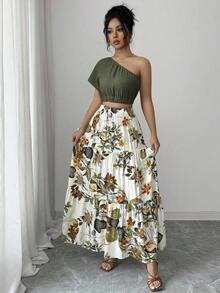 Blusa ajustada de manga corta con hombro asimétrico en color verde elegante + Falda ajustada en línea A de color beige elegante, ropa de vacaciones/resort - Burdeos - Ver 8