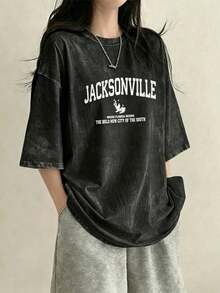 [Water Washed Vintage Short Sleeved T-Shirt] Recommended New Casual And Versatile 100% Pure Cotton T-Shirt For Summer 2026, Women's Fashionable T-Shirt For Summer, Short Sleeved Office Casual 230g Cotton Printed Loose White Top, Y2k Women's Top, Summer Top - Washed Black - View 6