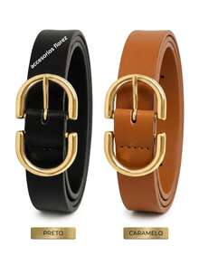 Kit 2 Cinto Femenino Com Fivela Invertida Dourado - Preto e Caramelo - Visão 4