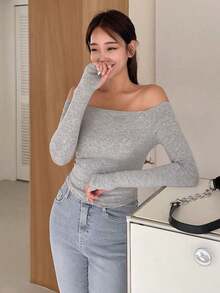 Camiseta ajustada de mujer de cuello de pico, azul marino sólido, ropa de primavera/verano/otoño, top de mujer de manga larga con hombros descubiertos - Gris 4 - Ver 1