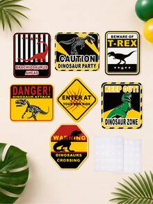7pcs Dinosaur Theme Warning Signs, Caution T-Rex/Brachiosaurus Ahead/Proceed At Your Own Risk, Suitable For Dinosaur Theme Birthday Party Decor, Boys Bedroom Dinosaur Area Decor - Paper Dinosaur Sign - View 2