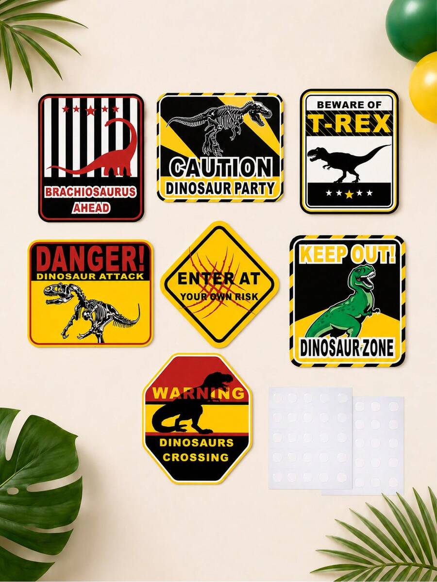 7pcs Dinosaur Theme Warning Signs, Caution T-Rex/Brachiosaurus Ahead/Proceed At Your Own Risk, Suitable For Dinosaur Theme Birthday Party Decor, Boys Bedroom Dinosaur Area Decor