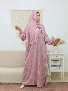 Pink Floral Print Long Sleeve Prayer Dress With Lace Applique, Non-Stretch Woven Fabric Muslim Abaya Fall - Pink - View 4