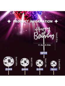 19 piezas Adornos para pastel de bola de disco o adornos individuales de feliz cumpleaños, decoraciones de bola de disco de espejo plateada para pastel y cupcakes, adecuadas para fiestas con temática de música disco de los 70, 80 y 90 (los adornos para pastel se deben usar con palitos blancos) - Láser 1 - Ver 9