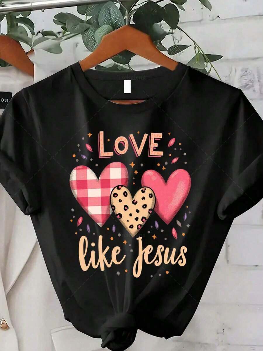 Women's 1 Piece Graphic Print T-Shirt, 100% Cotton, Comfortable, Breathable, Cool, Casual Style, Plus Size - Women's Plus Size T-Shirt With Christian Faith Print - Colorful Hearts And Crosses Print, Inspirational Bible Verse, Round Neck, Short Sleeve, Ideal For Valentine's Day, Easter, Christmas Gifts - Short Sleeve Round Neck T-Shirt For Daily Summer Wear, Suitable For Spring, Summer And Autumn. - 黑色 - 查看 1