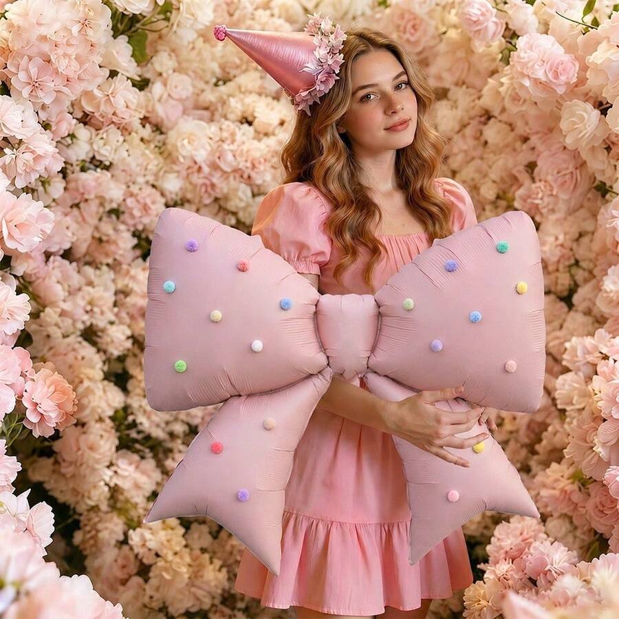 1pc Large Pink Bow Foil Balloon With 20pcs Colorful Pom Pom Stickers, Suitable For Wedding, Birthday Party Decoration, Baby Shower - View 1
