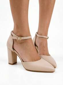 Wide Fit Elegant Strap Pointed Toe Chunky Heel Pumps, Comfortable Casual Work Shoes For Women With Wide Feet, Solid Color Spring/Summer High Heels - Apricot - View 6