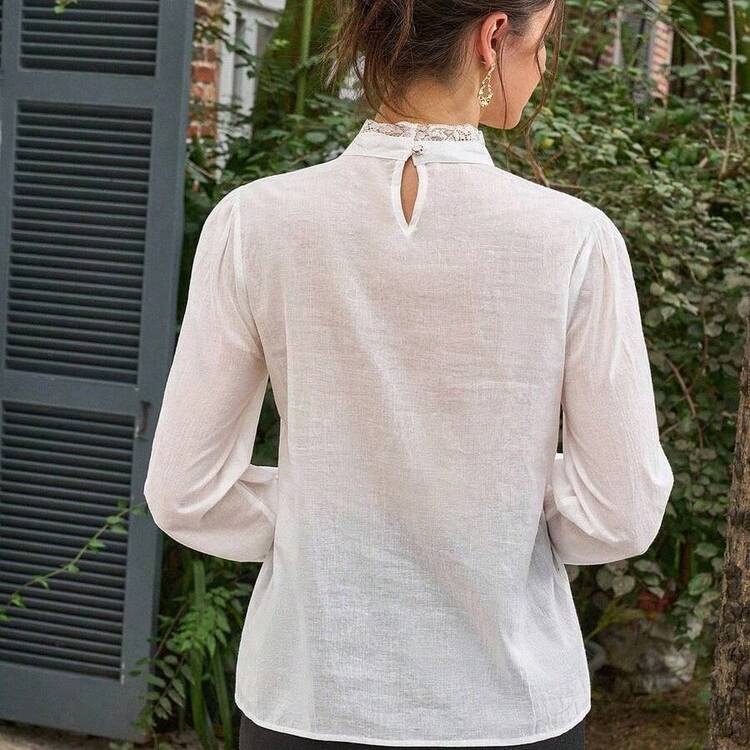Camisa de manga larga con cuello mao, bordado sólido y ribete de encaje francés - Blanco - Añade 3