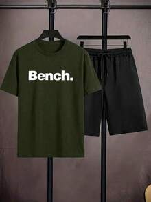 Plus Size 2-Piece Set: Men's "Bench." Letter Print T-Shirt And Shorts 2-Piece Set, Casual Crew Neck T-Shirt And Drawstring Shorts Set - Army Green - View 2