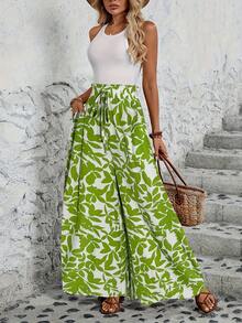 Women's Wide Leg Trousers With Elastic Waist And Print - Green Flower - View 12