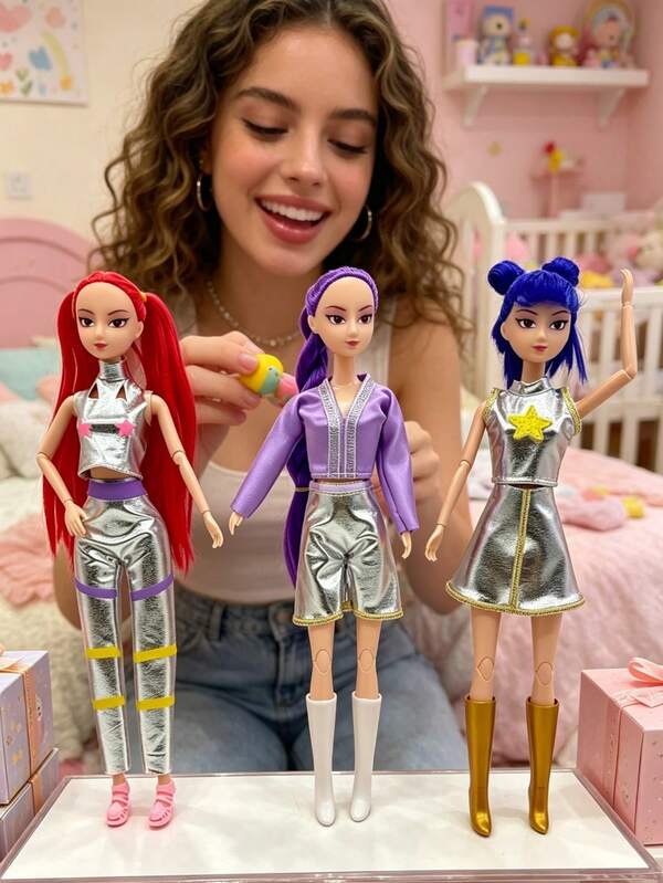 Conjunto de Muñecas de Moda Rumi, Muñecas con Diseño de Disfraz Brillante para Niñas & Juguetes para Niñas, Atuendo Metálico Brillante Articulado, Juguete de Juego Coleccionable para Niñas Pequeñas, Juego de Rol Diario en el Dormitorio, Regalo Sorpresa de Cumpleaños, Navidad y Vacaciones