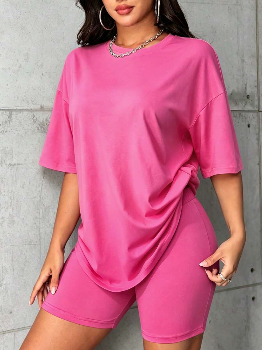 Set Kaos dan Celana Pendek Kasual untuk Rumah - Hot Pink - View 1