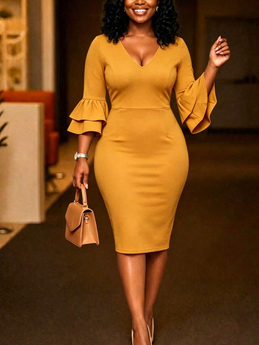 Gaun Panjang Sedang Wanita NOU dengan Desain Berlapis, Lengan Lotus, Leher V yang Menawan, Mengencangkan Pinggang, Kain Elastis untuk Kenyamanan Sehari-hari, Kantor, dan Pakaian Formal, Hem Berumbai Elegan, Cocok untuk Musim Semi, Musim Panas, Musim Gugur - Jahe - View 1