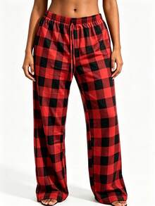 Retro Red Black Plaid Tie Waist Pajama Pants Loose Slim Fit Comfortable Breathable Casual Home Trousers. - Red - View 4