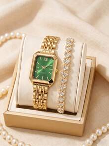 2Pcs/Set Teen Gold Watch & Bracelet Set, Green Dial Rectangle Quartz Watch With Rhinestone Bracelet, For Back To School & Vacation, No Box - Green - View 4