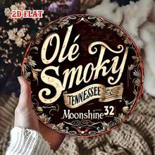2D平面 - 复古2D平面金属招牌,展示Ole Smoky Tennessee Moonshine,圆形海报,适合复古餐厅装饰,也适合客厅或卧室,尺寸为7.8 x 7.8英寸 - A - 查看 7