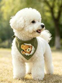 Comfortable Soft Polyester Green Bear Pattern Scarf, Suitable For Cats And Dogs Pet Accessories, Cartoon Print, Suitable For Cats And Dogs Indoor Or Outdoor Use - Army Green - View 4