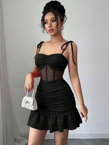 New Elegant Spaghetti Strap Dress With Patchwork And Mesh Fabric, Perfect For Dates And Parties - Black - View 4
