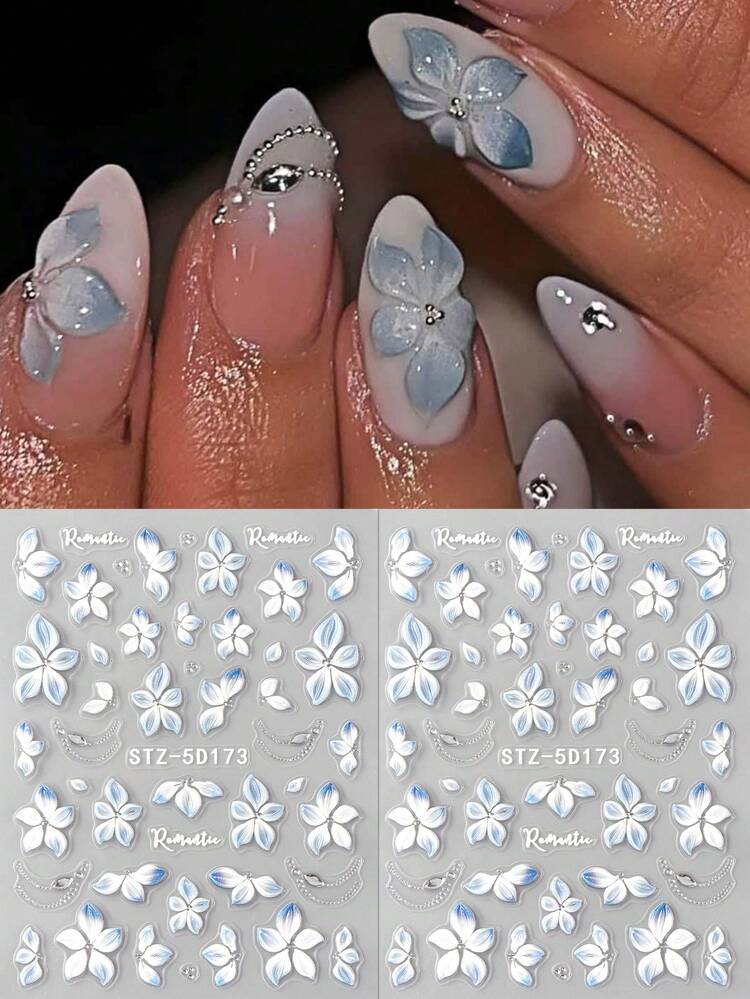 2pcs 5D 3D Floral Nail Art Stickers, Glossy Self-Adhesive Macaron Blue Flower Nail Decals, Elegant Wedding Decoration, Spring/Summer DIY Nail Art Gift For Women - Multicolor - View 2