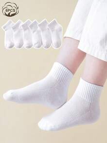 6 Pasang Kaos Kaki Pendek Anak-anak Bahan Katun Polos Berbahan Jaring Bernapas untuk Musim Semi/Panas, Kaos Kaki Olahraga untuk Kembali ke Sekolah - Putih - View 7
