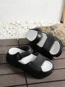Girl's Thick Sole Wedge Sandals, Suitable For Vacation, Outdoor, Commute, Office, Home, Fashion Minimalist Design With Removable Insole And Adjustable Buckle For Comfort - Black - View 7