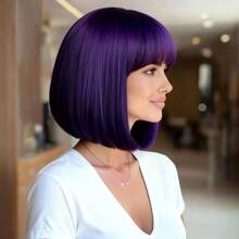 12 Inch Purple Short Straight Wig With Bangs, Natural Fluffy Straight Hair Style, Adjustable Wig Cap Suitable For All Women, Halloween Party Cosplay And Daily Wear - Purple - View 8