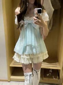 Japanese Sweet Lace Bubble Hem Sleeveless Cute Short Mini Kawaii Feminine Vintage Y2K Retro Summer Dress 2026 Outfit For Women - 7019 米色短套裝 - 查看 11