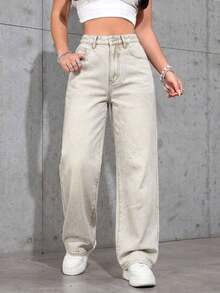 Women's Pocketed Wide Leg Relaxed Casual Denim Jeans - Màu Khaki - Xem 5