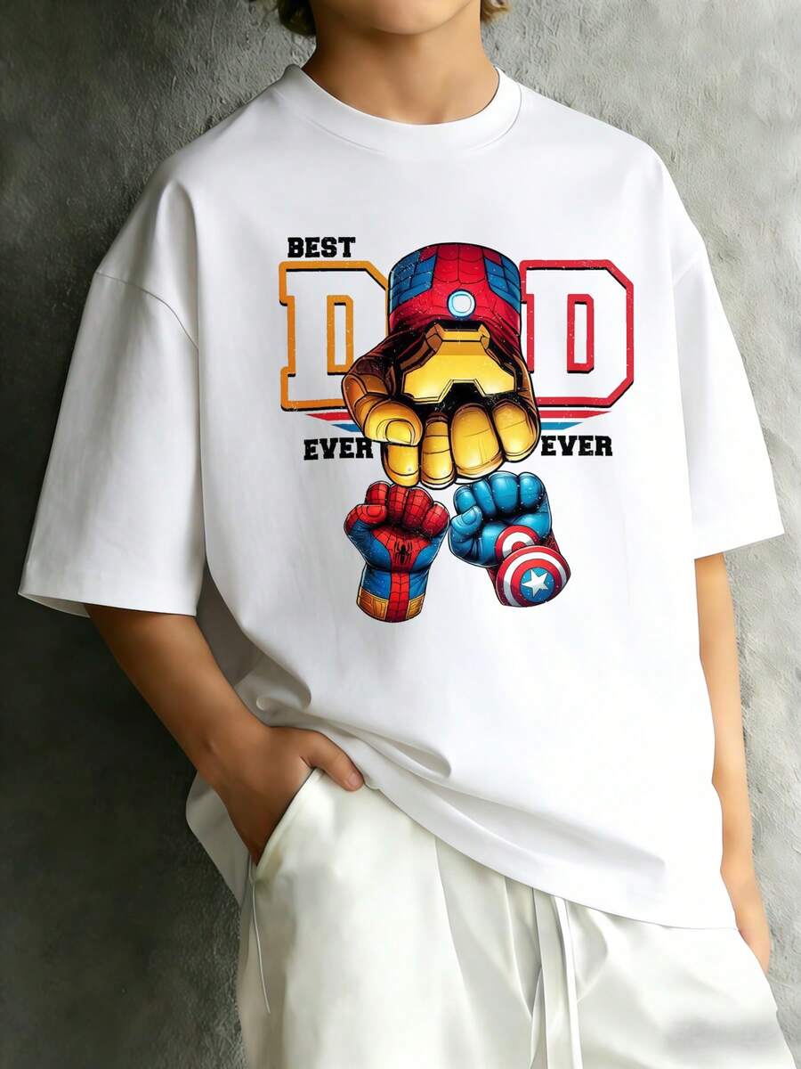 100% Cotton Men's Iron Man Graphic Tee, Best Dad Ever Print Marvel Superhero T-Shirt. Classic Streetwear Casual Tops For Men, Stylish Holiday Daily We - 白色 - 查看 1