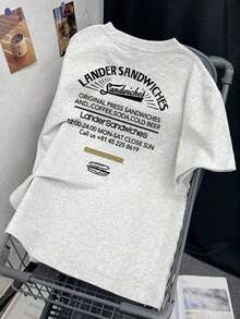 レディース カジュアル ラウンドネック ルーズフィット レター&カートゥーン フード プリント 半袖Tシャツ、和風、春夏 - ライトグレー 2 - チェックする 5