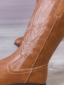 10916-001DUK New Women's Embroidered Brown Western Boots, Pointed Toe Chunky Heel Mid-Calf Boots, Outdoor Casual Fashion Boots - Brown - View 5