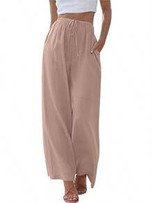 Pantalones de lino holgados de talla grande para mujer, con bolsillos y cordón ajustable, de pierna ancha. - Rojo - Ver 11