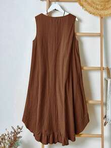 EMERY Vestido de verano casual de talla para mujer, de color verde militar sólido, sin mangas, con volantes en el bajo y parches de encaje en la espalda - Marrón - Ver 5